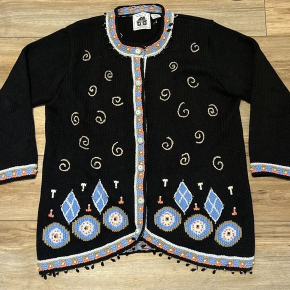 Storybook Knits Cardigan Sweater SZ Large Black Deco Glamour Knit Beaded - Picture 2 of 12